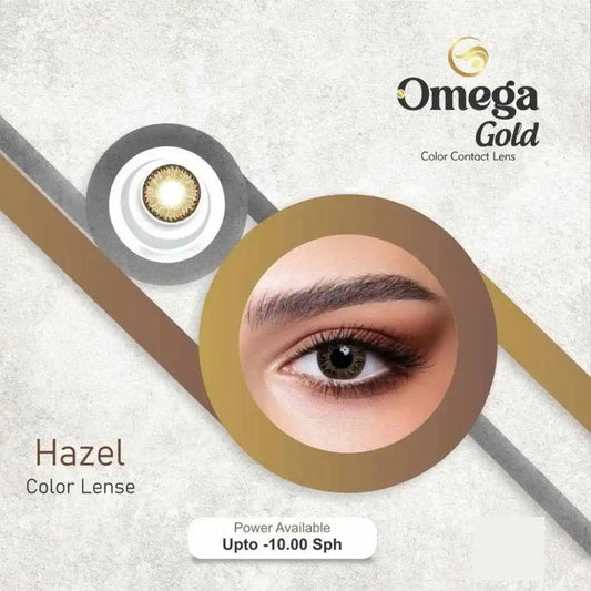 Advertisement for Omega Gold Hazel color contact lenses with a close-up of an eye wearing the lenses.