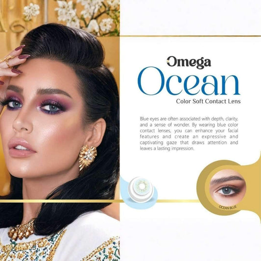 Advertisement for Omega Ocean contact lenses featuring a model with styled hair and makeup at Maqbool Store.