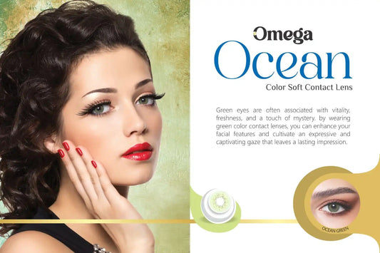 Advertisement for Omega Ocean contact lenses featuring a model with green eyes.