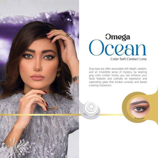 Advertisement for Omega Ocean contact lenses featuring a model with gray eyes.