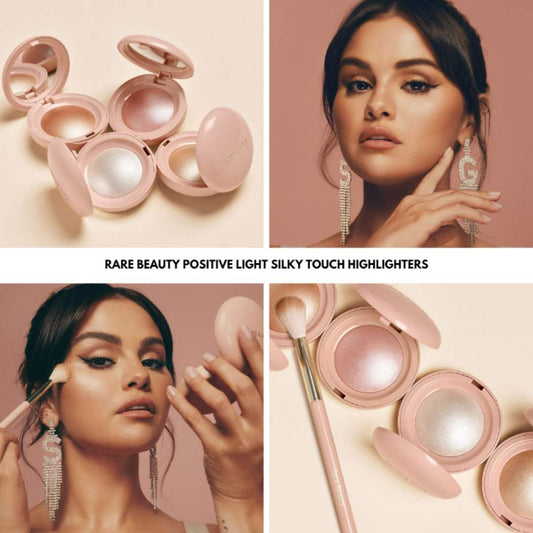 Collage of a Rare Beauty Silky Touch Highlighter Set with a model using it on a beige background at best price online sale in Pakistan