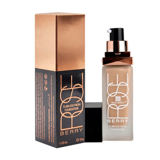 Foundation bottle and packaging with 'ROSE Berry' branding on a white background