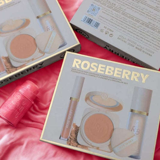 Roseberry makeup 3 in 1 face kit packaging on a pink surface