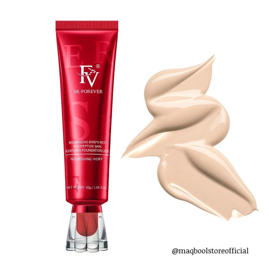Red skincare tube with 'SK-Forever' branding and a swatch of beige cream on a white background.