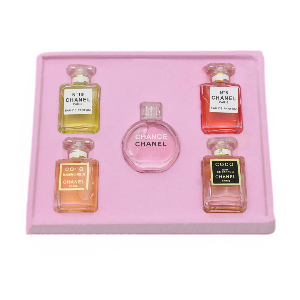 Set of Chanel perfume bottles in a pink box on a white background at best price online in Pakistan