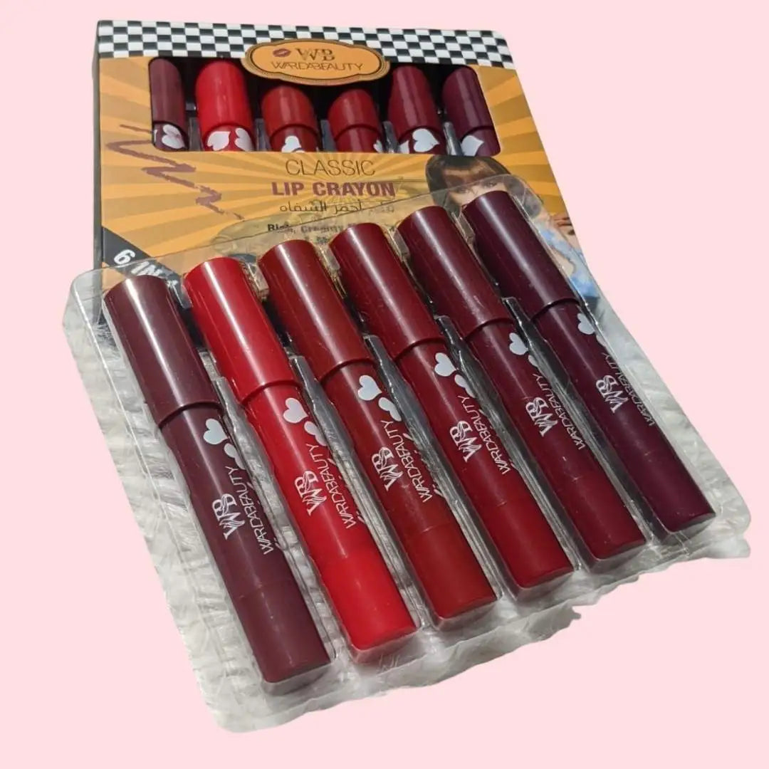 Set of lip crayons in a packaging with a checkered top.