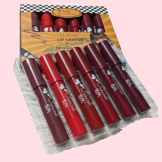 Set of lip crayons in a packaging with a checkered top.