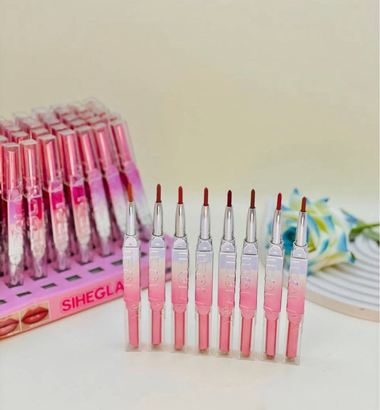 Set of pink lip brush tools with gradient design on a light background