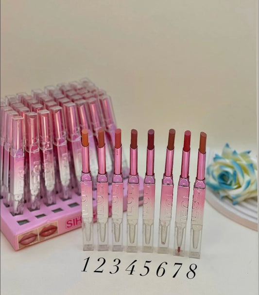 Set of gradient lip glosses with numbers and a rose in the background
