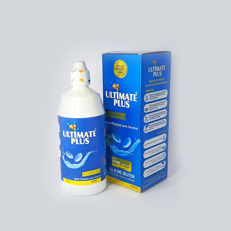 Ultimate Plus lens solution bottle and packaging on a white background