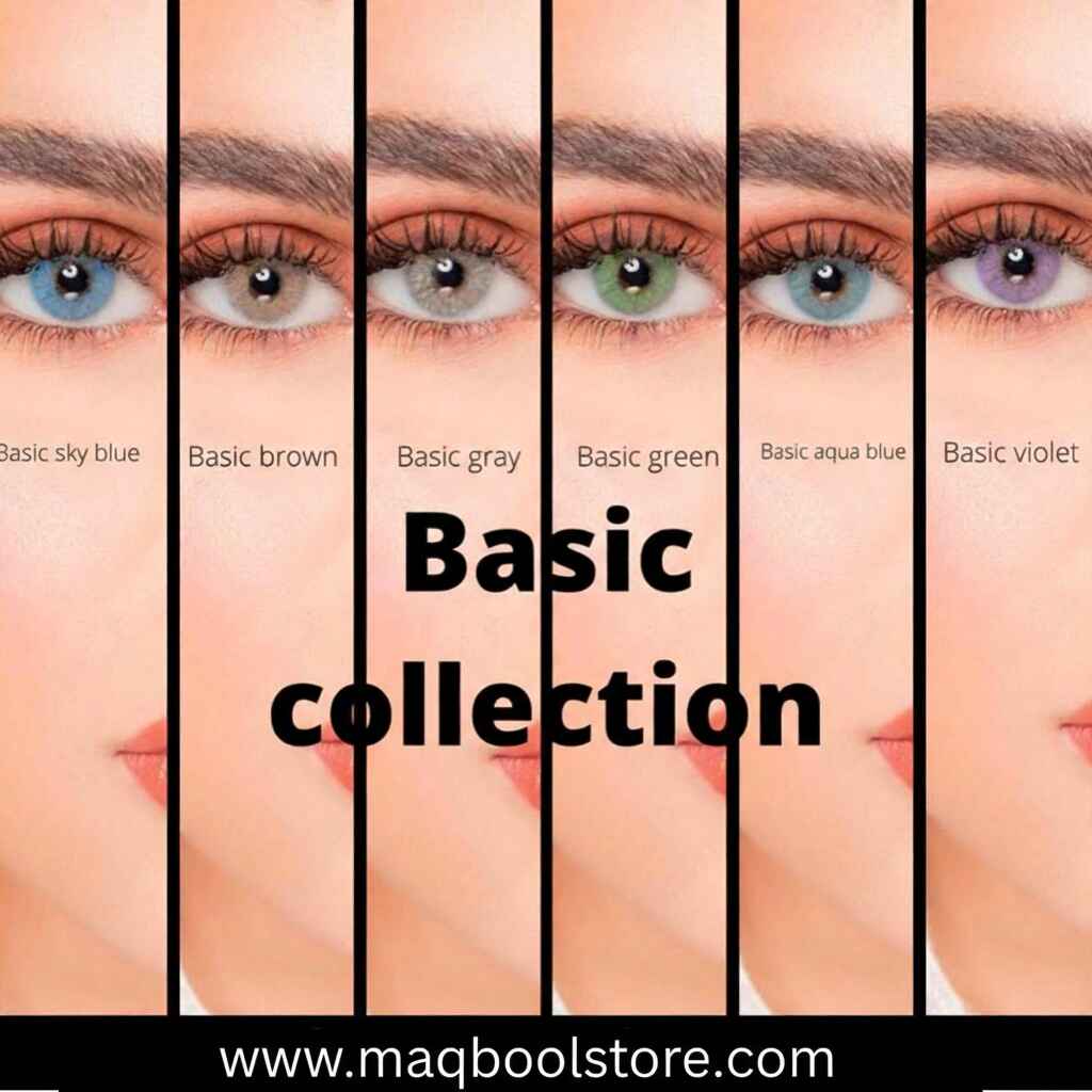Eye color swatches labeled 'Basic lens collection' with various eye lens colors on a beige background.