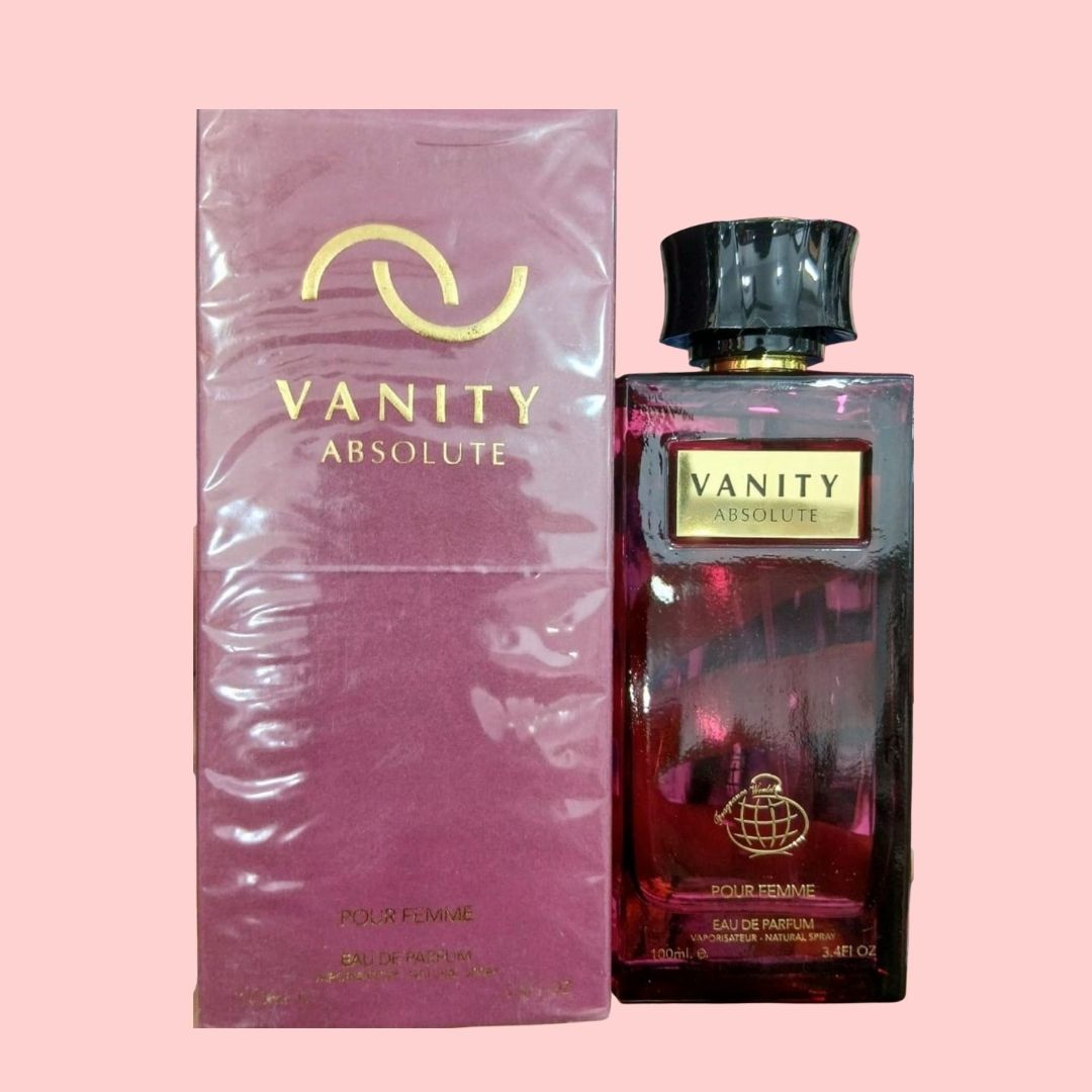 Vanity Absolute perfume bottle and packaging on a pink background at best price online in Pakistan