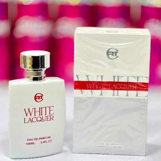 White Lacquer perfume bottle and packaging on a colorful background