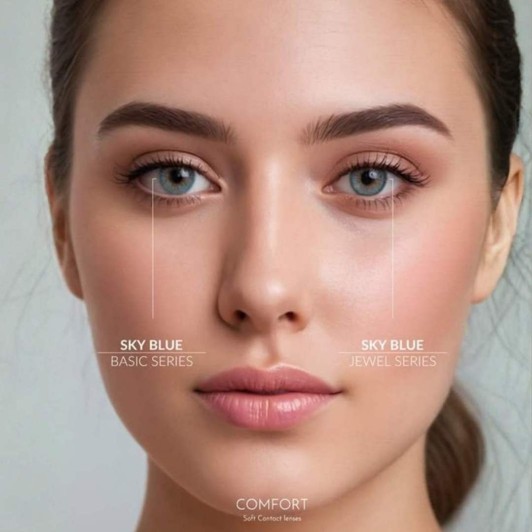 Close-up of a woman's face with labeled contact lens color options on a neutral background