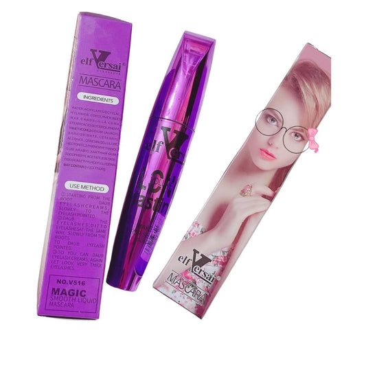 Purple mascara with packaging featuring a model and brand name on a white background