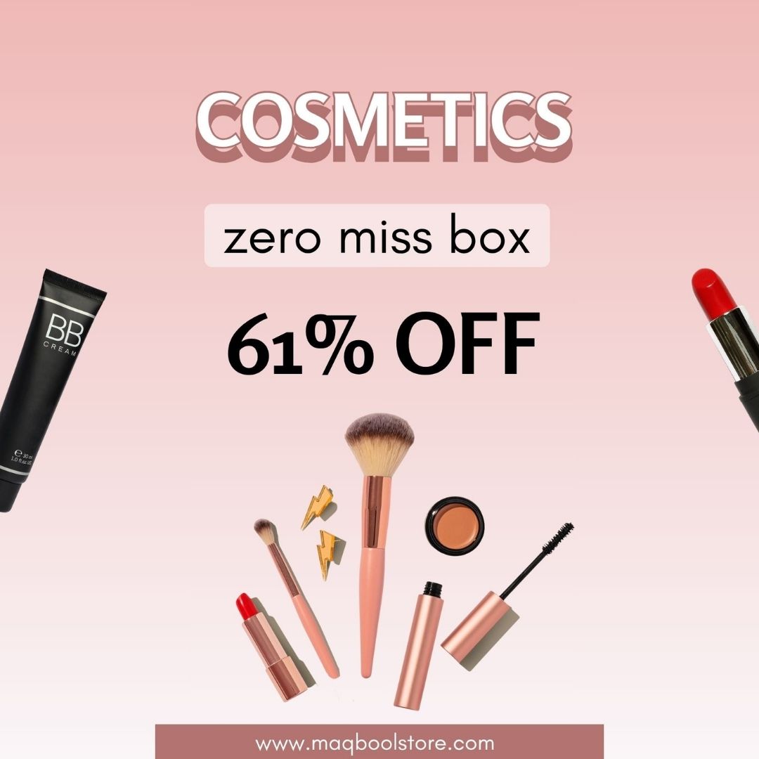Cosmetic products with full makeup sale text on a pink background