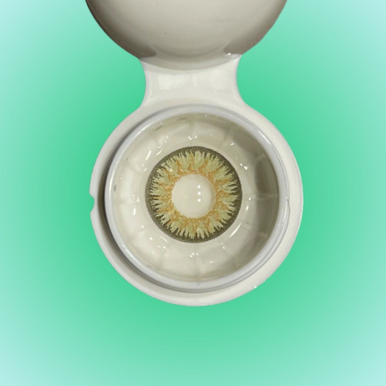 Close-up of a contact lens in a case with a green gradient background at best price online sale in Pakistan