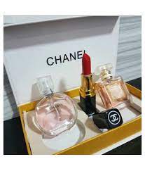 Chanel perfume and lipstick on a tray with a black background at best price online in Pakistan