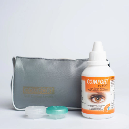 Buy Comfort Soft Lens kit at Best Price in Pakistan Maqbool Store Online Bottle of Comfort eye solution with a gray case on a white background at best price online sale in Pakistan