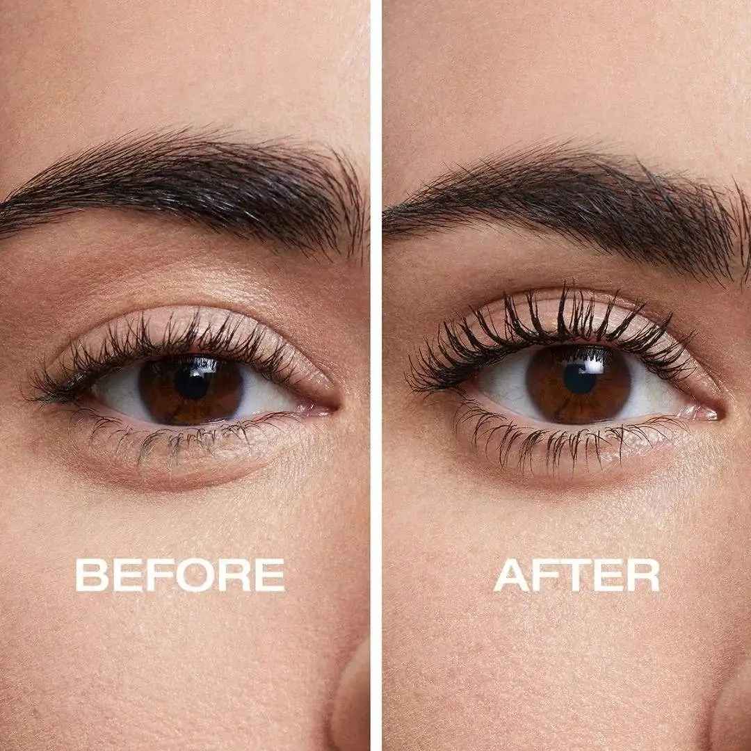 Before and after comparison of eye makeup mascara application on a person's face.