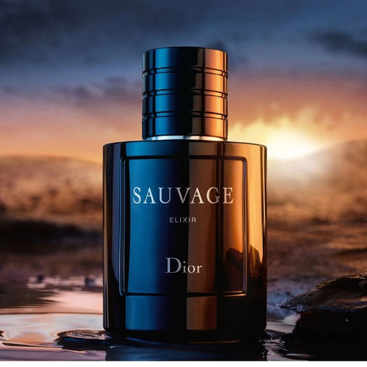 original Dior Sauvage Elixir perfume bottle with a sunset background