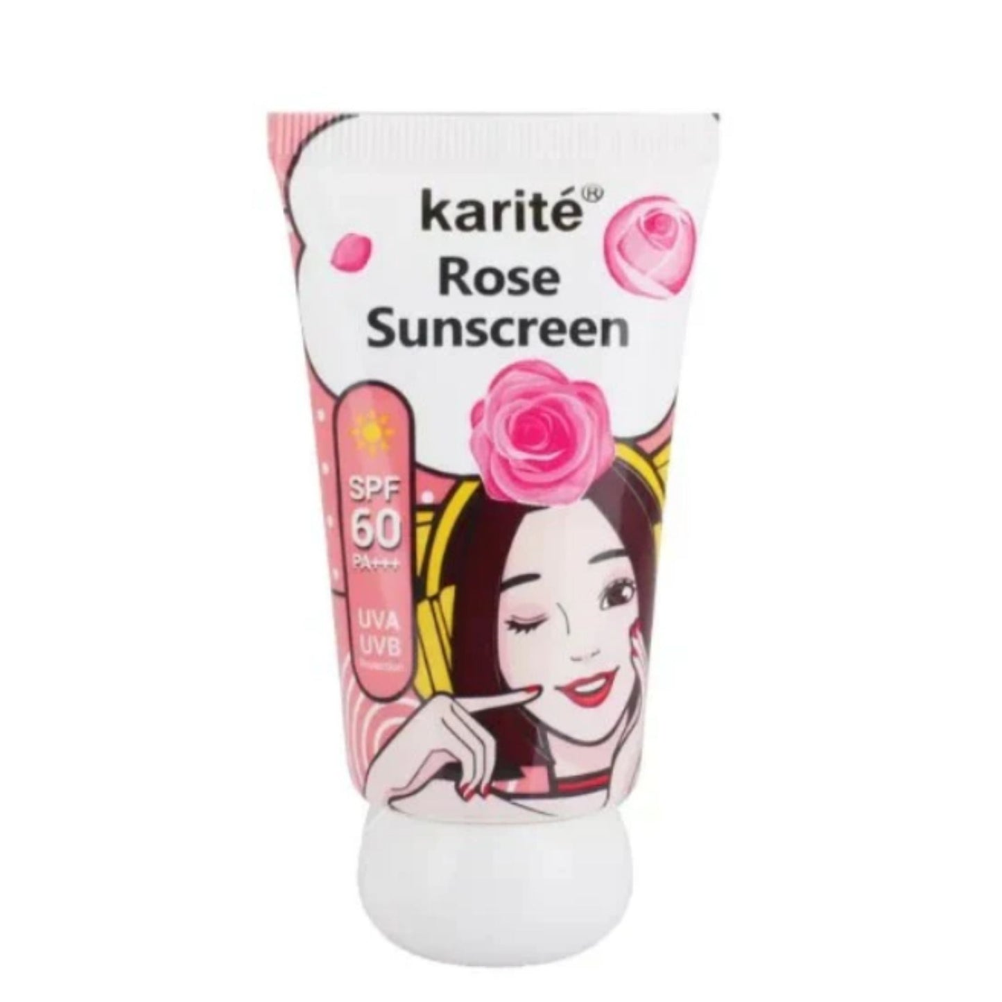 Karite Rose Sunscreen tube with cartoon character on a white background at best price online sale in Pakistan