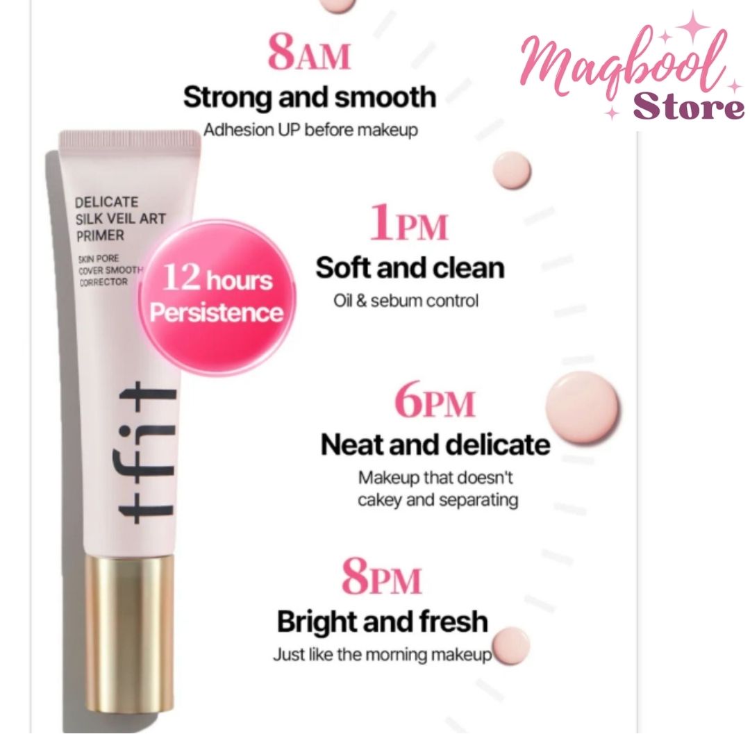 Tube of primer with time-based benefits on a white background