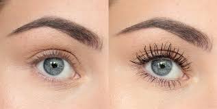 Before and after comparison of eye makeup application on a person with blue eyes.