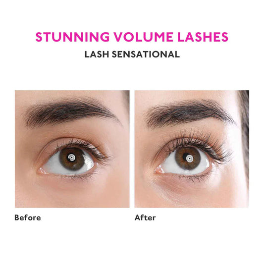 Before and after comparison of eyes with voluminous lashes, labeled 'Lash Sensational'.