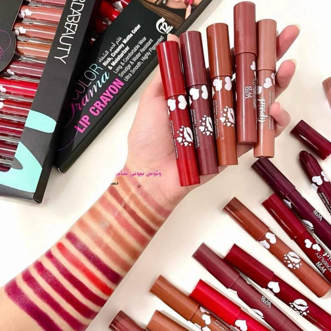 Collection of lip crayons with packaging and swatches on a white background